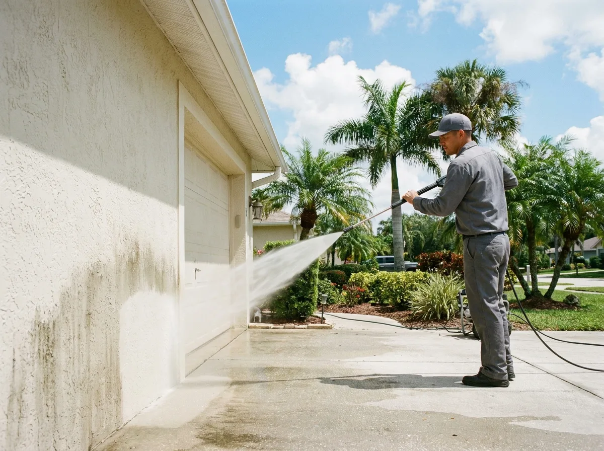 A worker in gray uniform pressure washing the stucco exterior wall of a Florida home, high-pressure spray leaving a clean strip, palm trees and driveway in the background